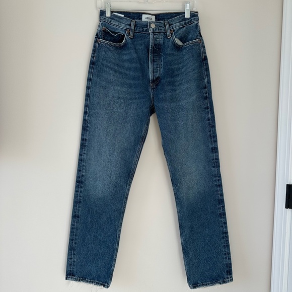 Agolde 90s Pinch Waist Jeans Range Women’s Size 27 Dark Denim Raw Hem Straight - Picture 4 of 16